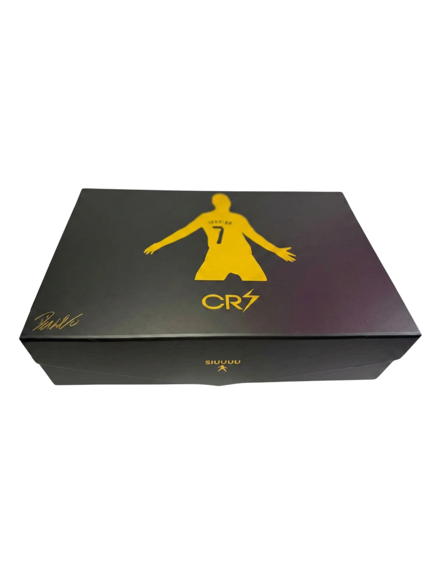 CR7 Fan-Geschenkbox geschlossen, Schrägansicht mit goldener Ronaldo-Silhouette und Unterschrift