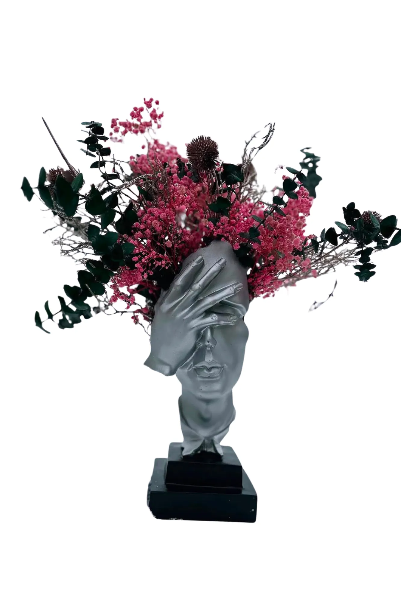 Gesicht-Skulptur mit Trockenblumen