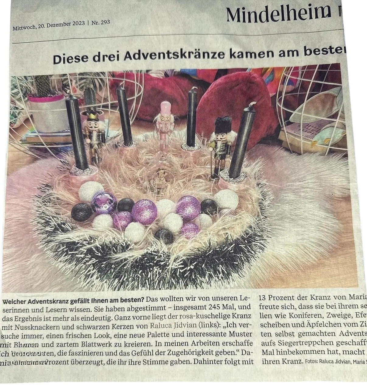 Zeitungsartikel über den Adventskranz-Wettbewerb